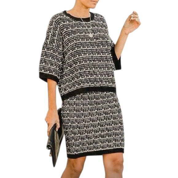 Fate Black Pink Metallic Gold Tweed Sweater Knit 2 Piece Top & Skirt Set - S / M